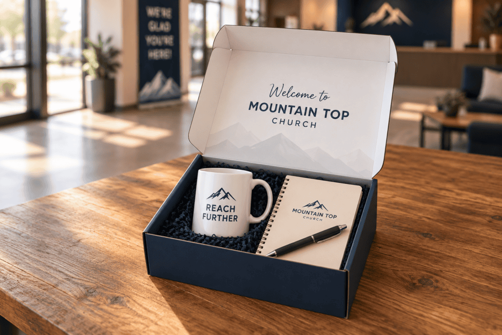 Open Mountain Top Church guest welcome box on a wooden table with a Reach Further mug, notebook and pen
