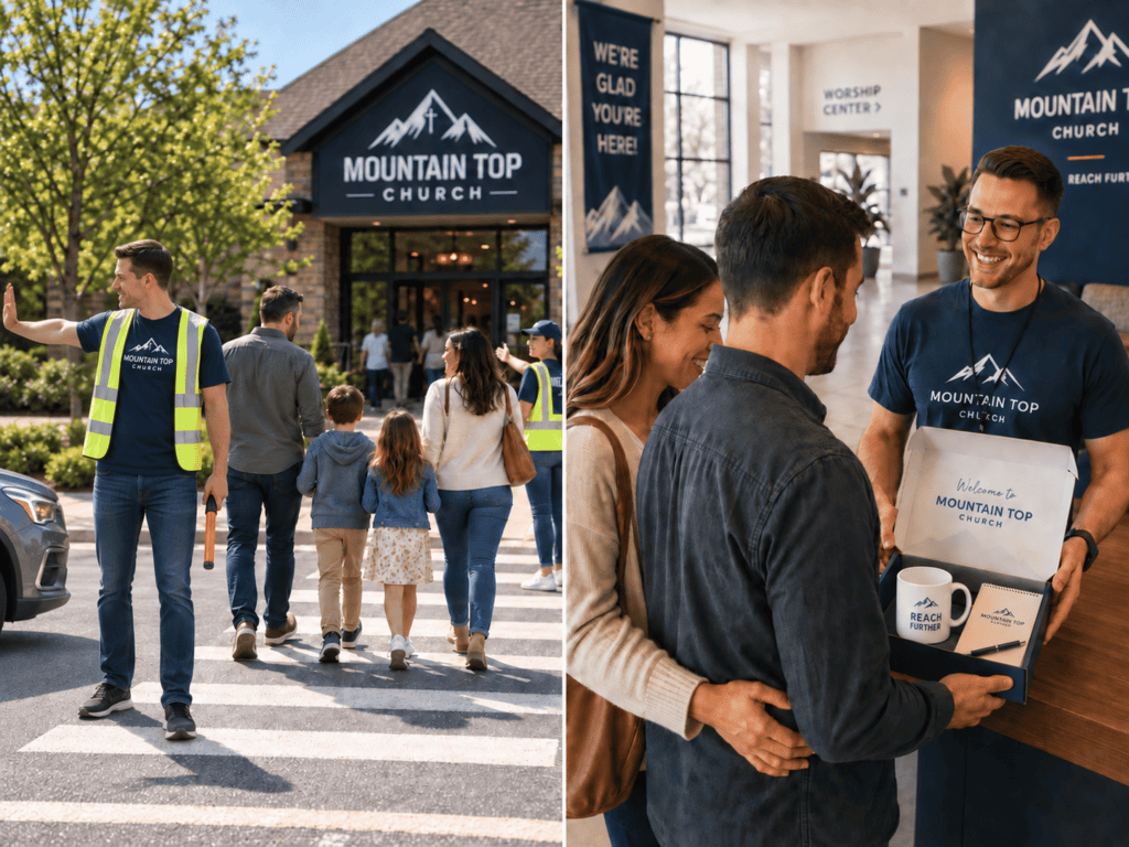 Mountain Top Church volunteer faces forward while looking left and extending his stop hand toward a car, alongside a family crossing and another couple receiving a welcome gift.