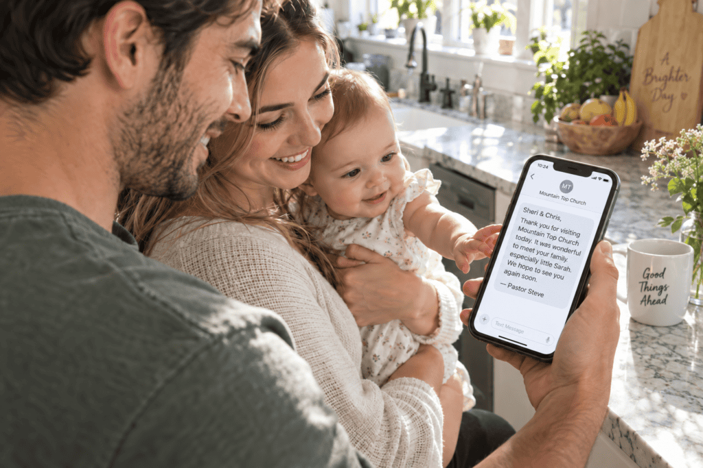 Young parents read Pastor Steve’s personalized thank-you text from Mountain Top Church while their baby reaches for the phone in a sunny kitchen.