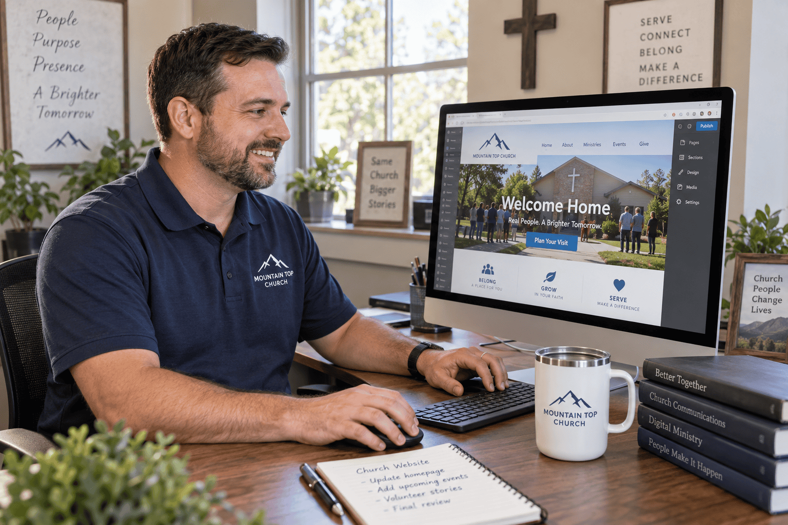 Church volunteer in a branded Mountain Top Church polo updating the church website on a desktop computer
