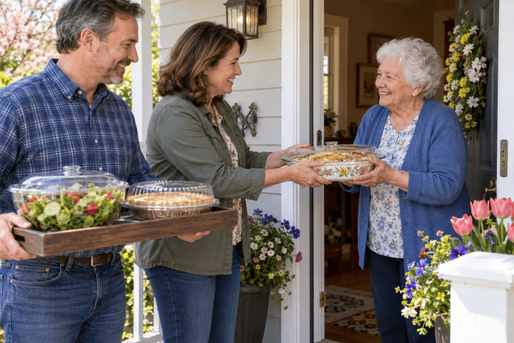 Two people deliver a meal train meal to a smiling older woman after signing up through True Engagement Promotions’ church community website software.