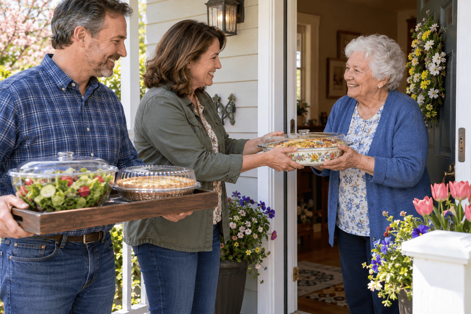 Two people deliver a meal train meal to a smiling older woman after signing up through True Engagement Promotions’ church community website software.