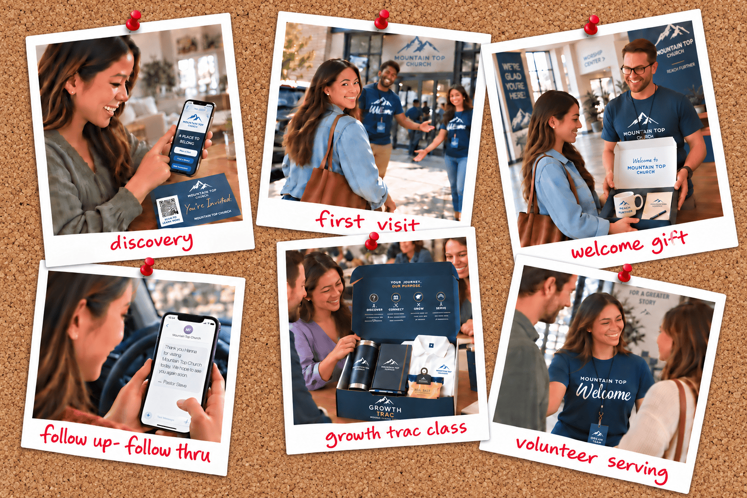 Six red-pinned Polaroids on a brown bulletin board show Hanna’s church journey: discovery, first visit, welcome gift, follow-up, Growth Trac class, and volunteering.