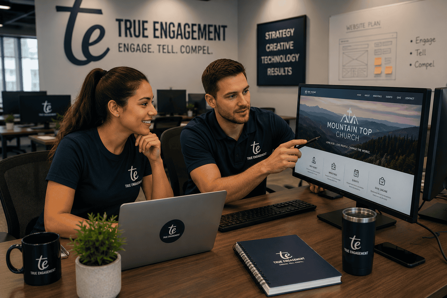 Two True Engagement team members collaborating on a Mountain Top Church digital product