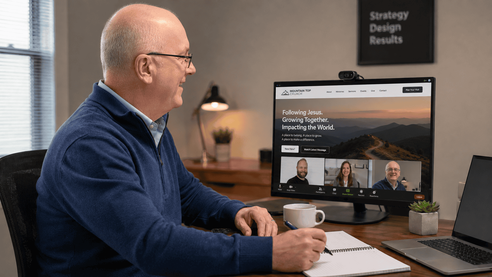 Virtual website consultation reviewing the Mountain Top Church website with three participants on a Zoom-style call