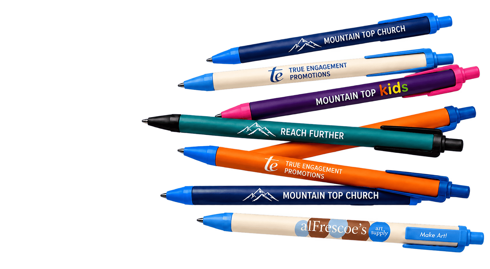 Seven colorful custom BIC Clic Stic promotional pens