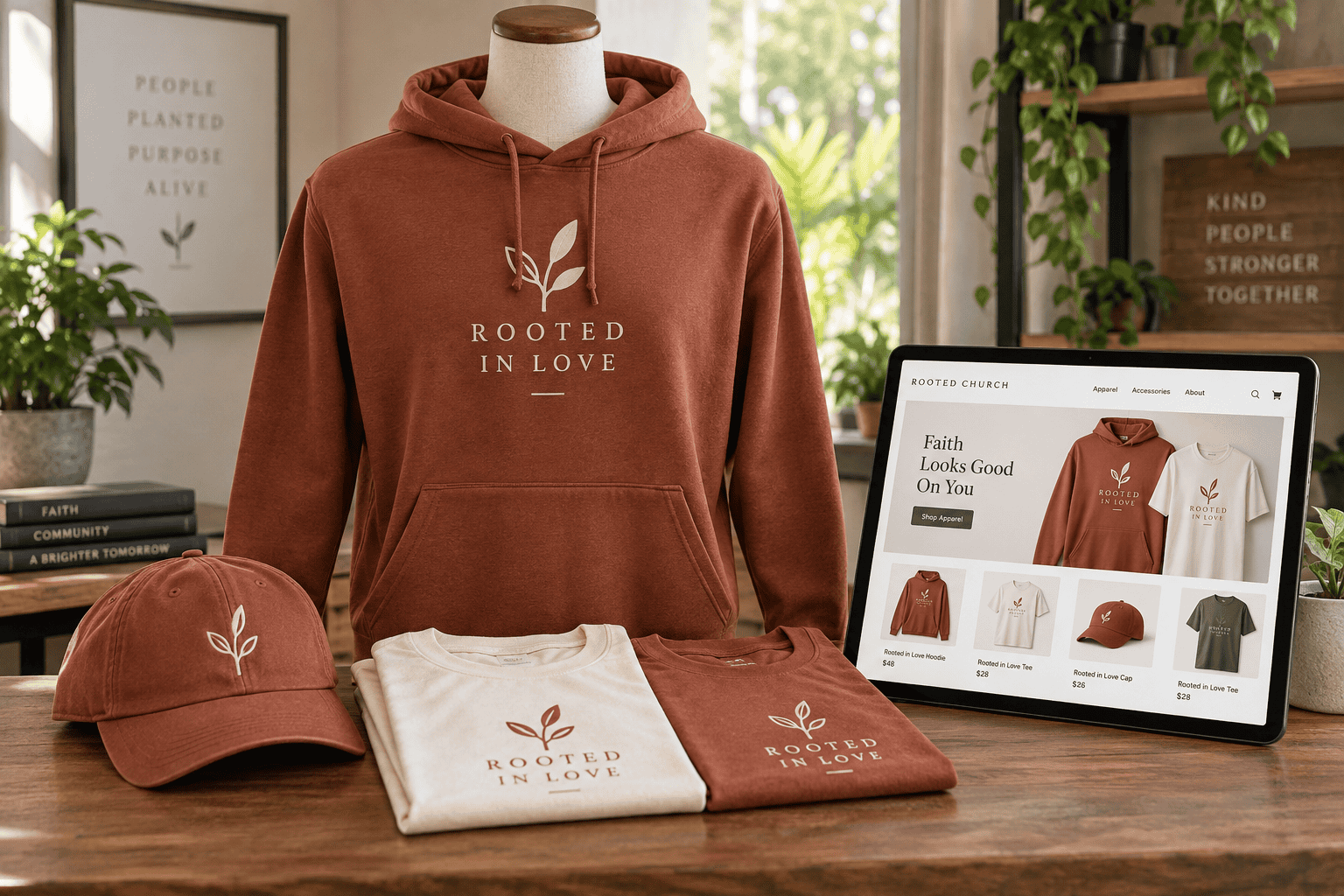 Rust hoodie, cap and folded shirts with a leaf logo beside a tablet showing the Rooted Church online merchandise store.