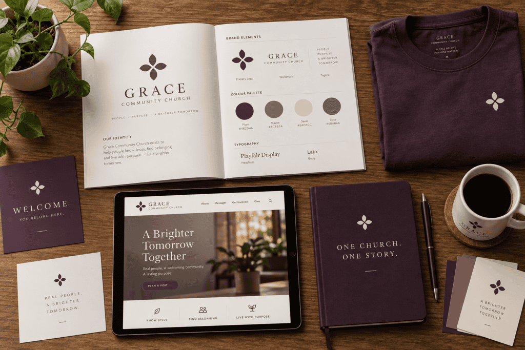Grace Community Church brand guide, plum shirt, welcome cards and website mockup sharing a floral cross logo.