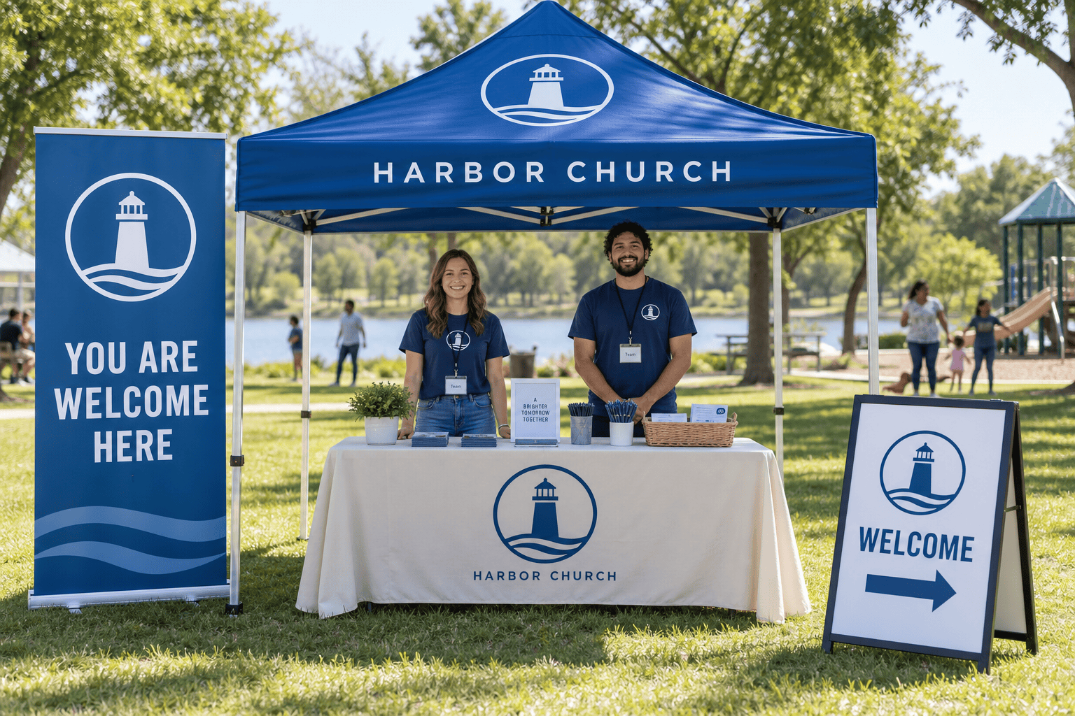 Harbor Church community booth with matching lighthouse logos on a canopy, welcome banner, table cover and directional sign.