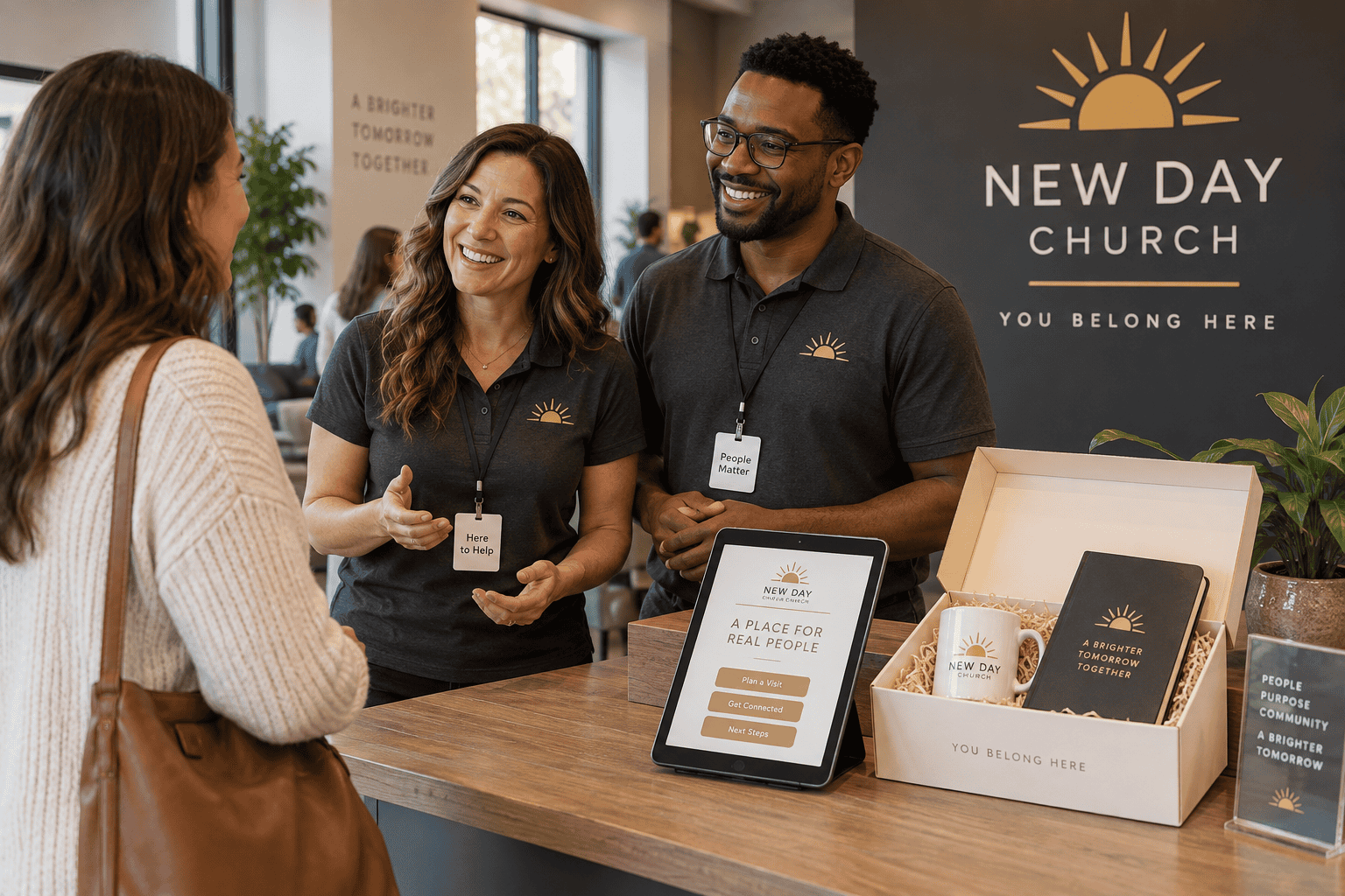 New Day Church volunteers welcome a visitor beside a coordinated gift box, tablet and sign with a rising-sun logo.