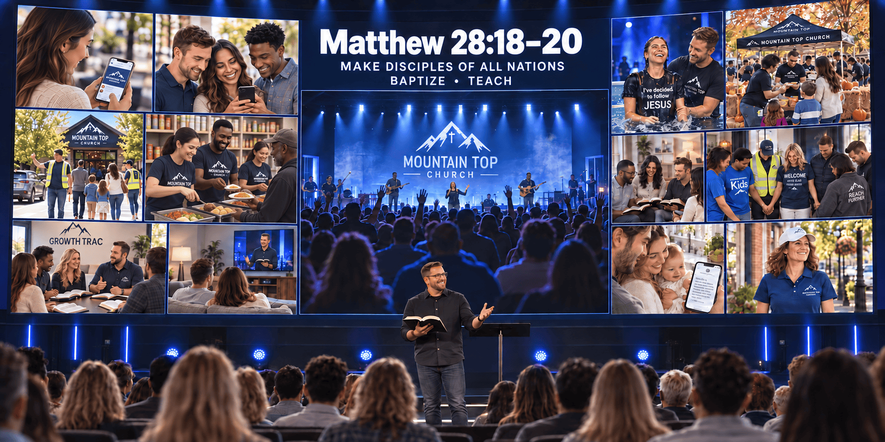 Pastor teaching Matthew 28:18–20 with a collage of connected church ministry moments on the video wall.