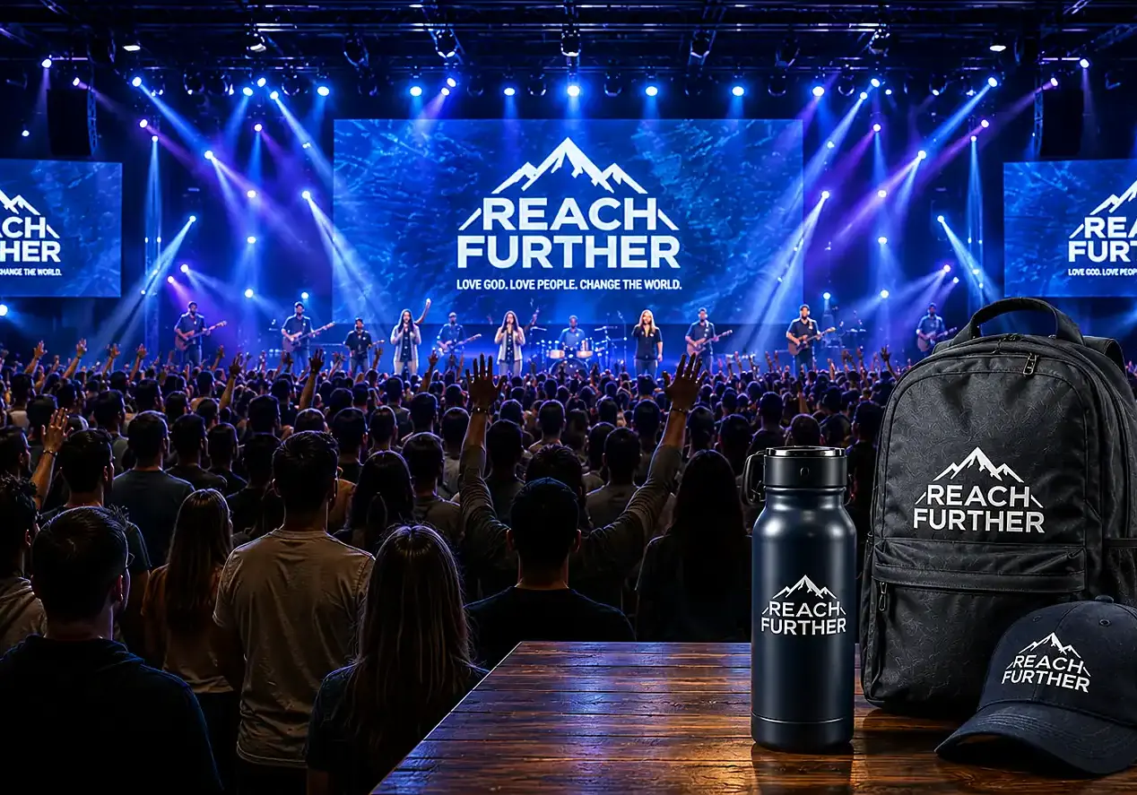 Reach Further church event with coordinated stage branding and promotional products