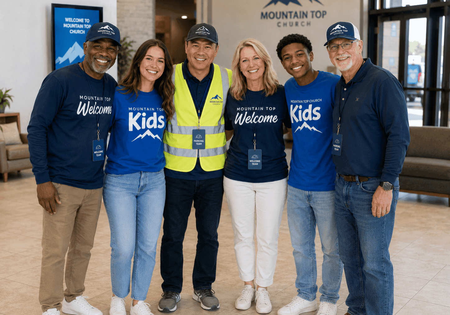 Six Mountain Top Church volunteers wearing branded welcome, kids ministry, and parking team apparel